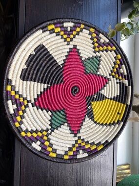 Handwoven Decorative Wall Basket - Pink, Yellow, Black, Cream